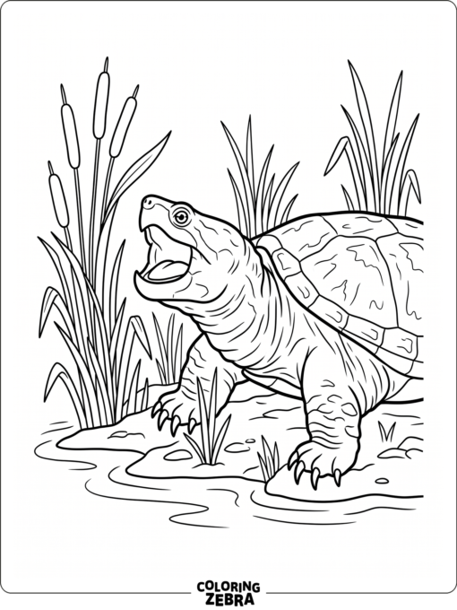 A snapping turtle near reeds and water