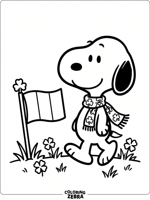 Cartoon beagle with a shamrock scarf and flag