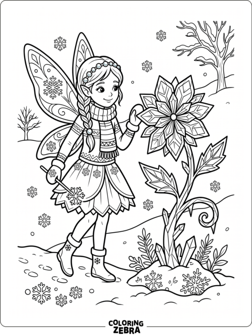 A winter fairy with a scarf beside a frosty bloom