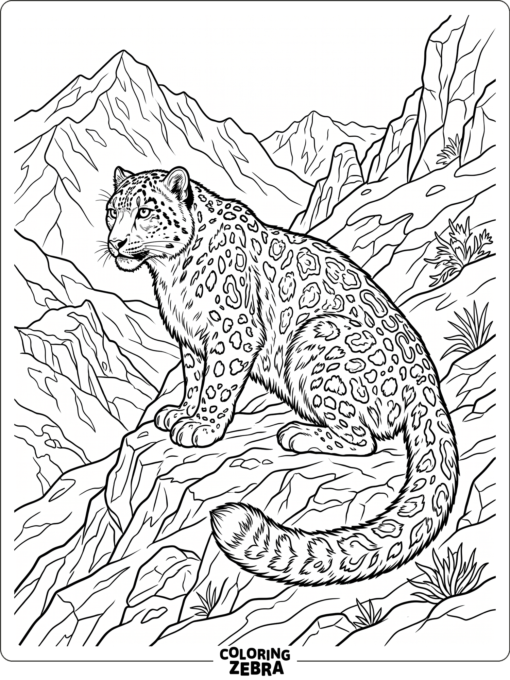 A snow leopard on a mountain slope with detailed fur patterns