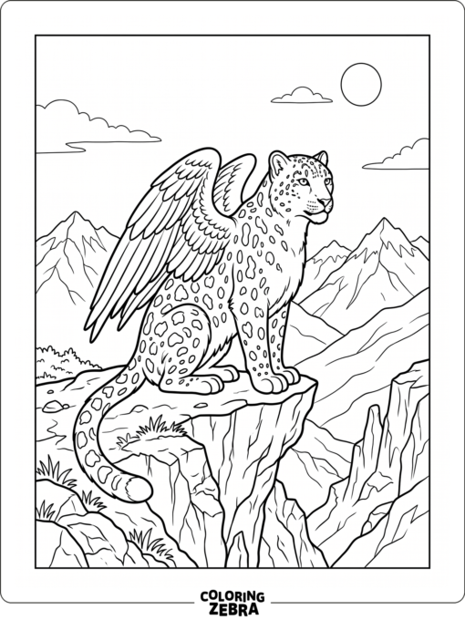 A snow leopard with wings perched on a cliff edge