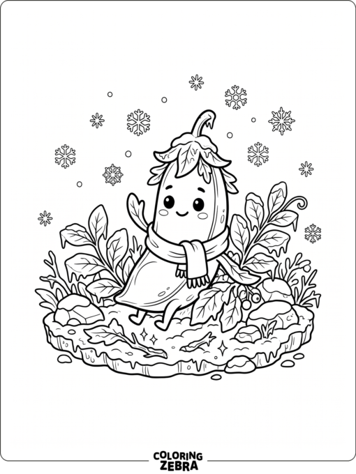 Snow Pea sits in a frosty patch with snowflakes