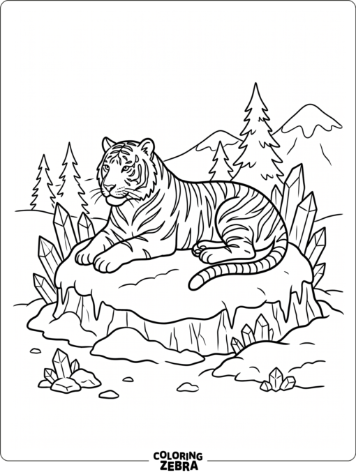A snow tiger lying on a snowy mound