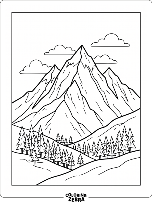 A snowy mountain with ridges and pine trees