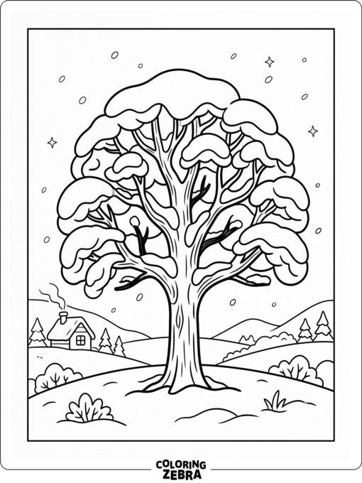 A tree covered with snow in a winter scene