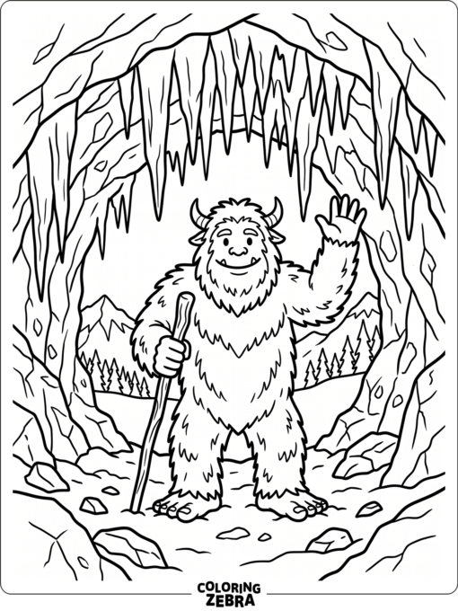 A yeti stands inside a snowy cave with icicles overhead and a simple rocky floor.