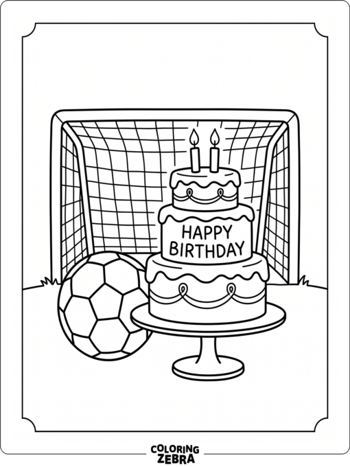A soccer ball beside a cake and goal net