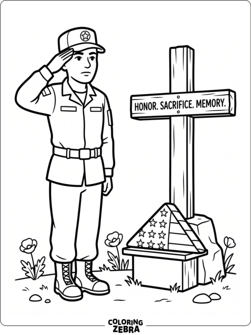 Soldier saluting near a memorial cross