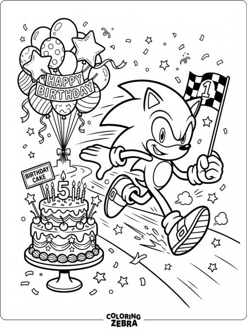 A speedy hedgehog running beside birthday balloons