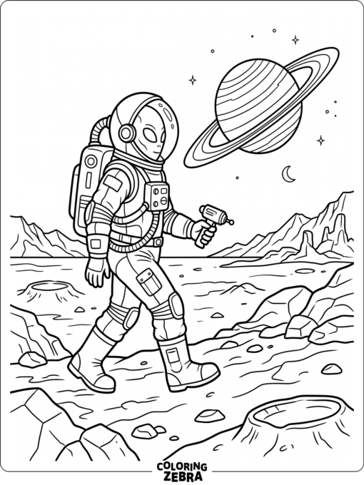 An alien explorer walking across a ringed planet