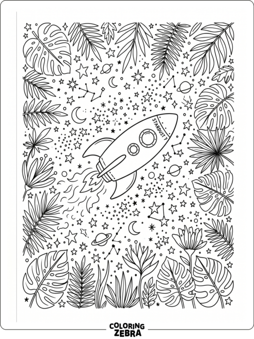 A rocket floats through stars and tropical leaves