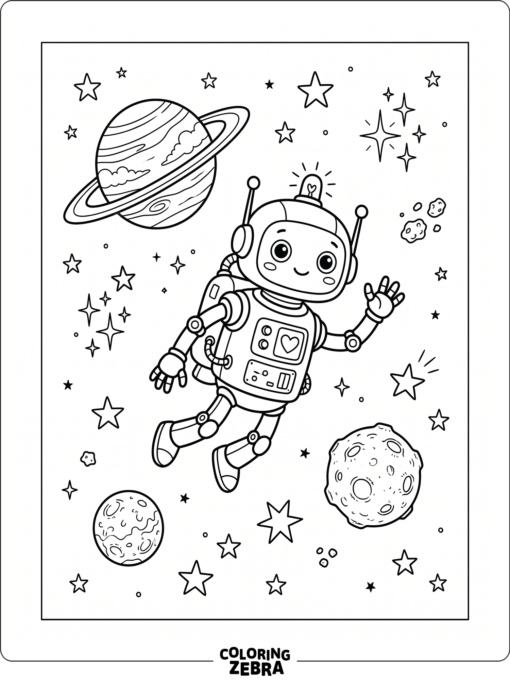 Space robot drifting among stars and planets