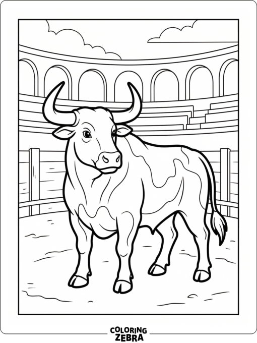 A Spanish bull with a strong stance in a simple arena