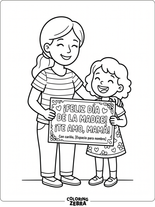 Mother and child holding a Spanish Mother's Day sign