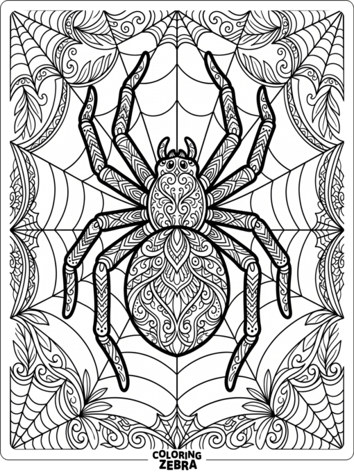 A detailed spider with patterned legs and a web border