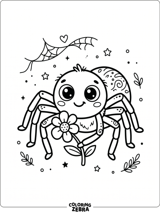 A happy spider with round eyes and a flower