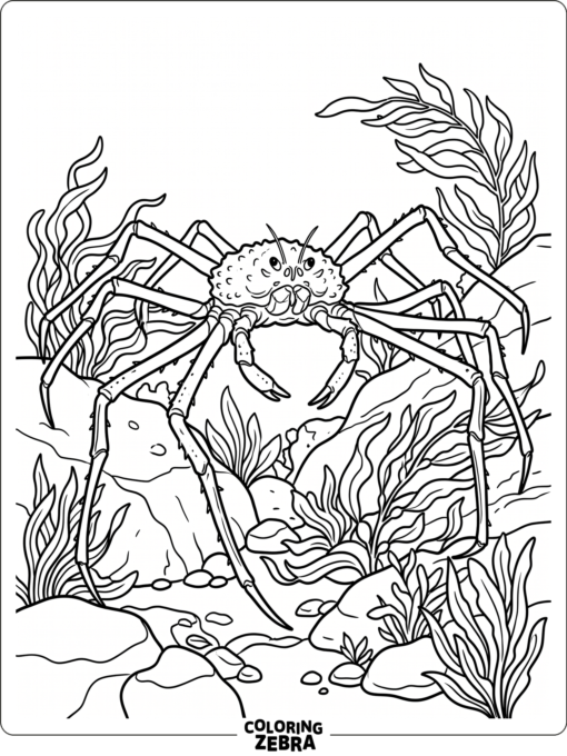 A spider crab with long legs near seaweed