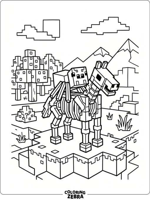 A spider riding a skeleton horse in a blocky scene
