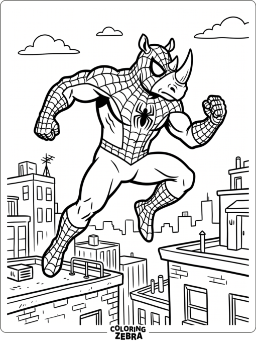 A tough rhino in a superhero suit stands near city rooftops