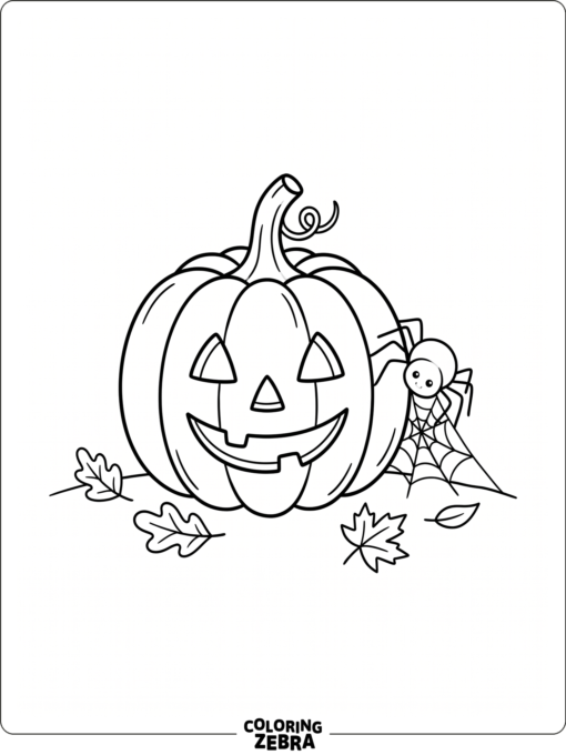A spider beside a carved pumpkin and autumn leaves