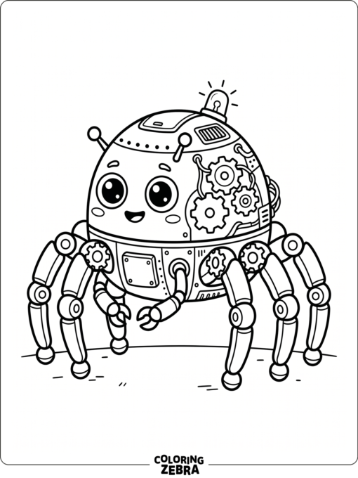 A friendly robot spider with round legs and gear details