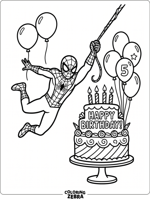 Spider-Man near a birthday cake and balloons