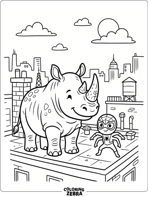 A friendly rhino stands beside a small spider hero on a rooftop