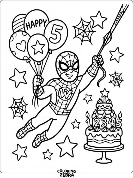 A web-slinging hero with balloons and a birthday cake