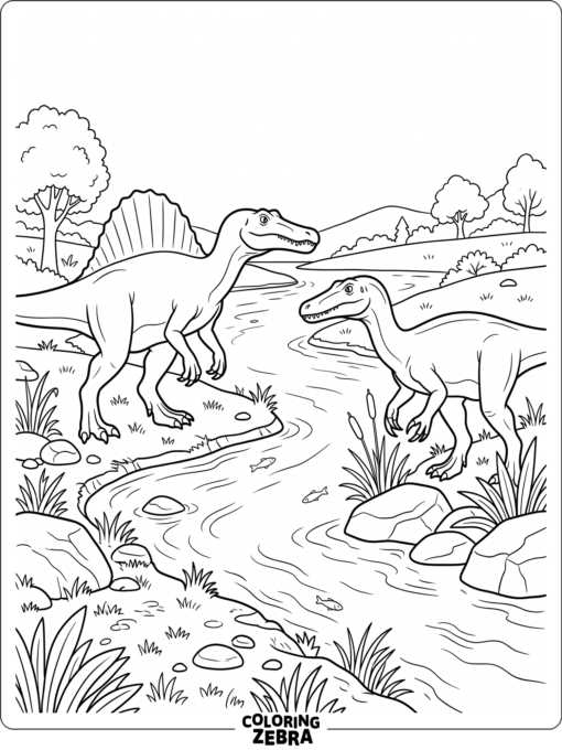 A spinosaurus and baryonyx by a river