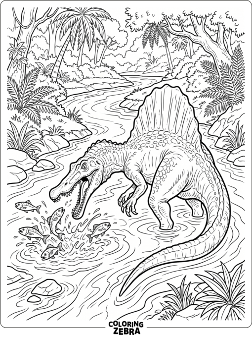 A spinosaurus catching fish in a river