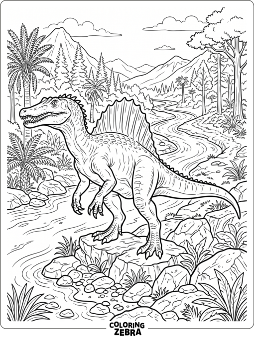 A spinosaurus standing by a river