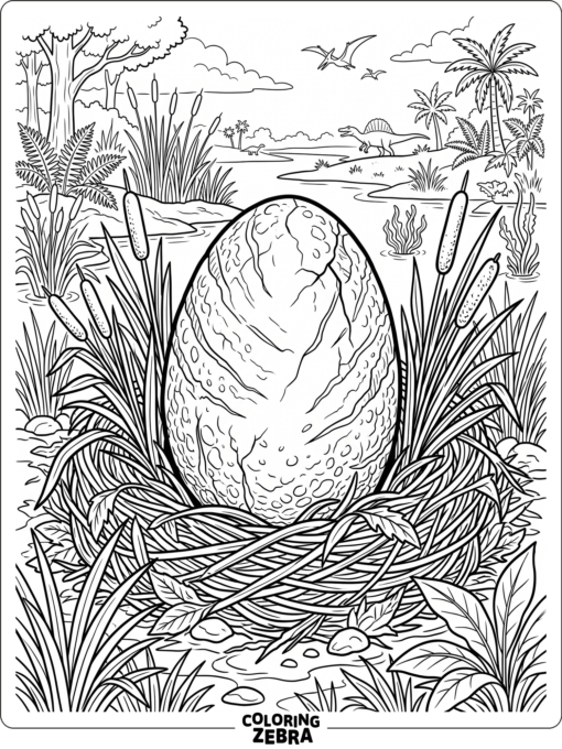 A spinosaurus egg in a nest of reeds