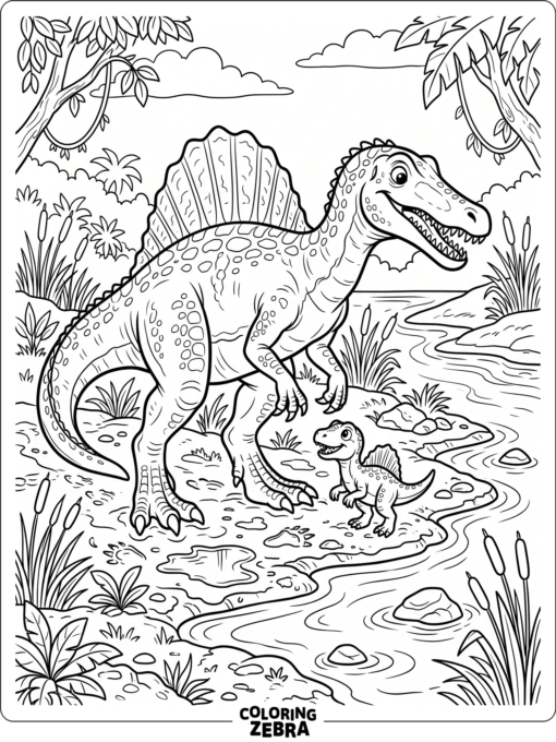 A spinosaurus parent with a hatchling