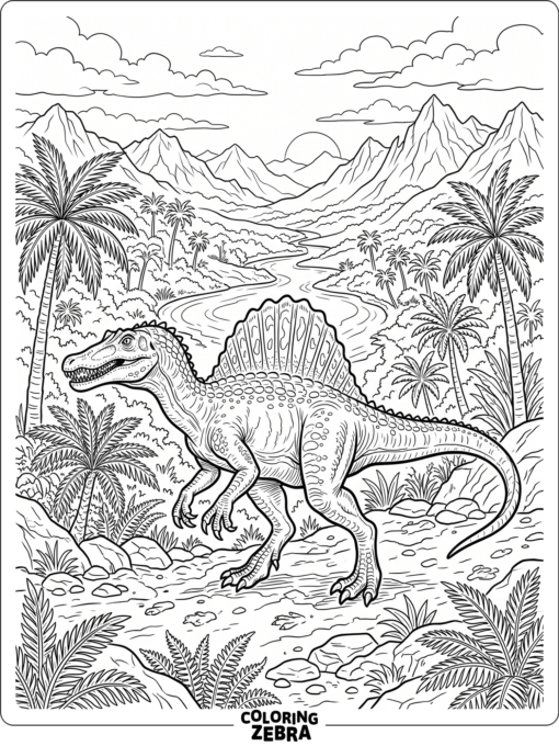 A spinosaurus in a prehistoric valley