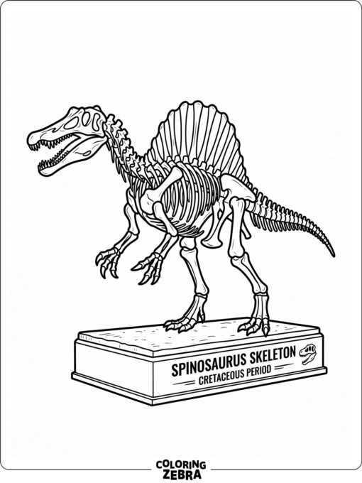 A spinosaurus skeleton on a simple base