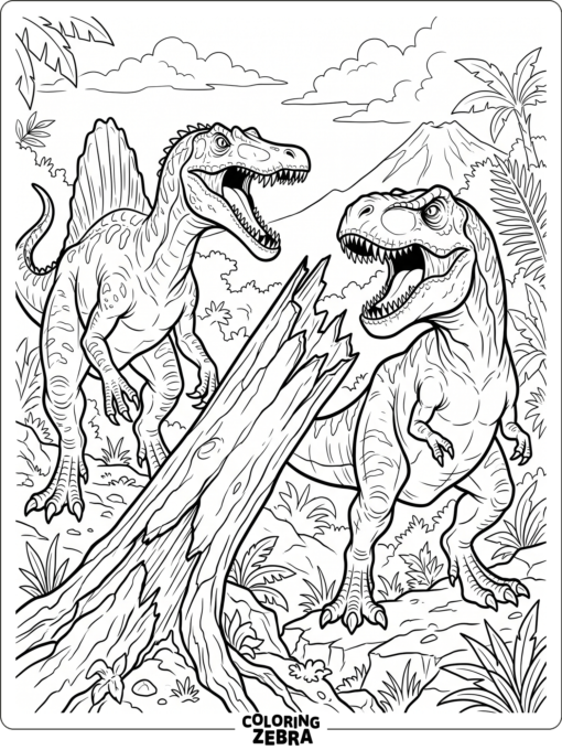 A spinosaurus and T rex facing each other