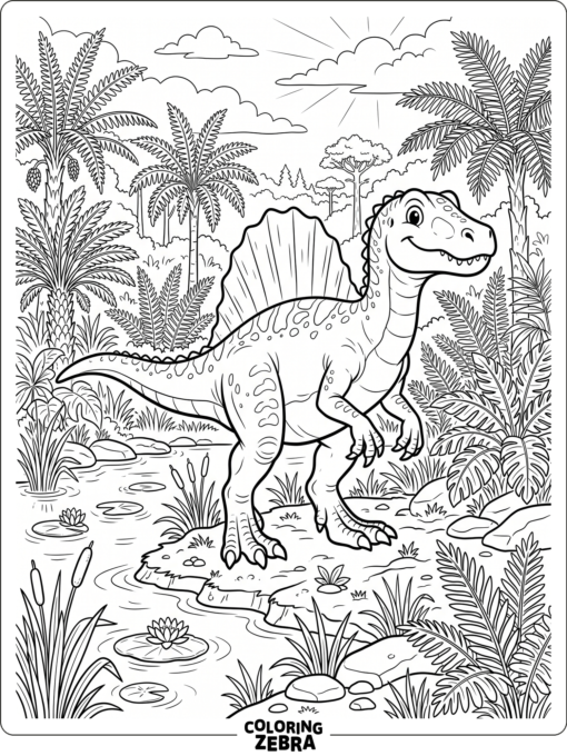 A spinosaurus stands among ferns near a swampy bank