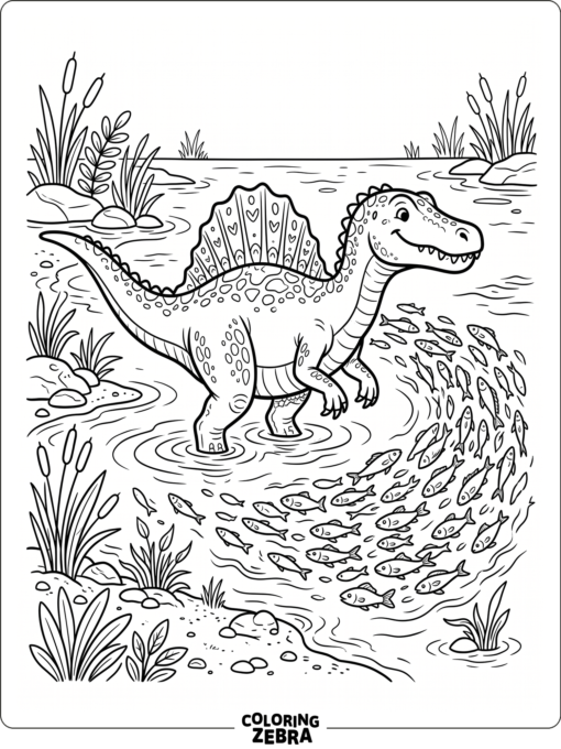 A spinosaurus stands in shallow water near fish