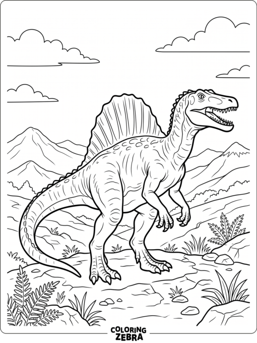 A spinosaurus with mountains in the background