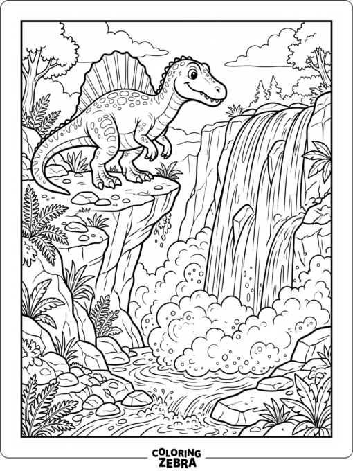 A spinosaurus beside a waterfall