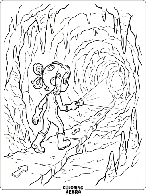Agent 8 exploring a cavern with a flashlight