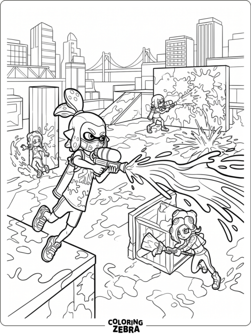 Inkling fighters in a city arena battle