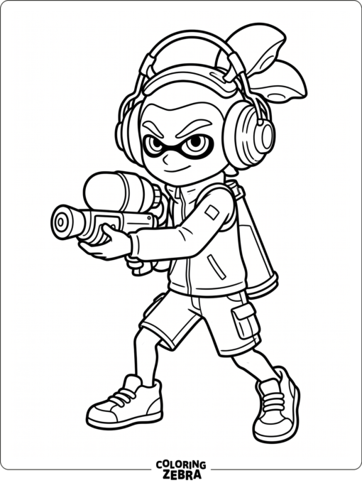An inkling hero with headphones and a blaster