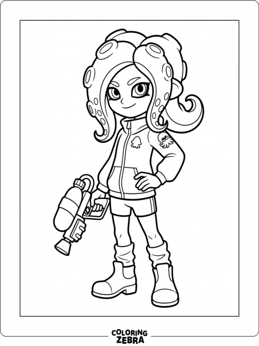 An octoling with tentacle hair and a weapon