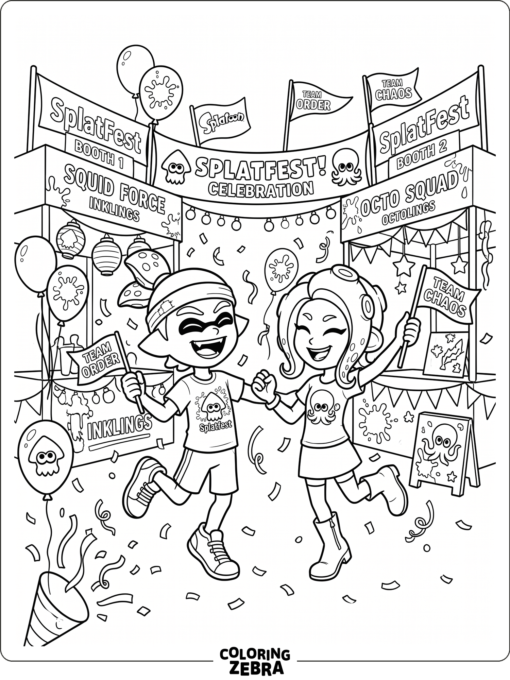 Squid kids at a lively Splatfest booth