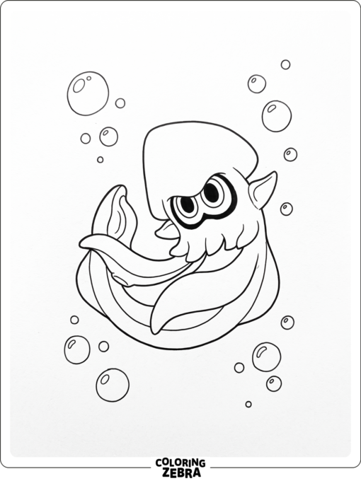 A squid character floating with ink bubbles