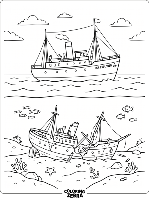 A split scene showing ship above and below the water