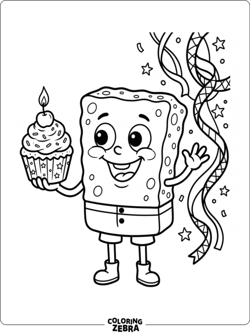 A sponge character with a cupcake and streamers