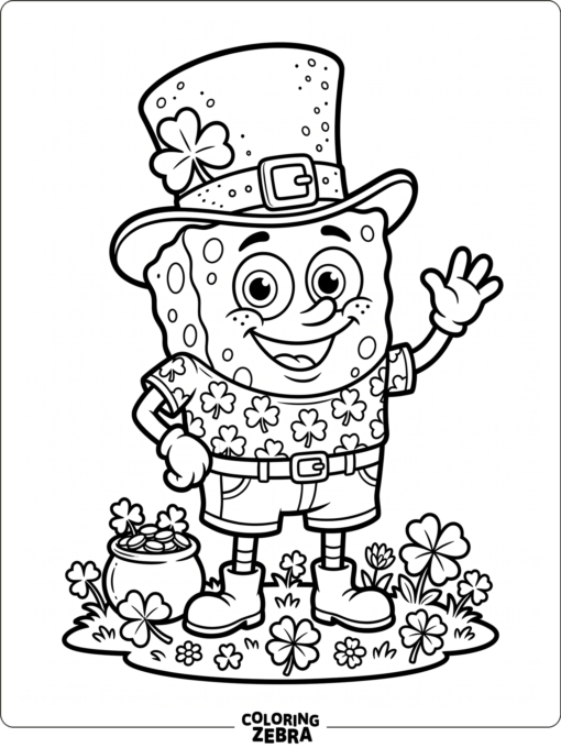 Cartoon sponge character in a shamrock shirt and hat