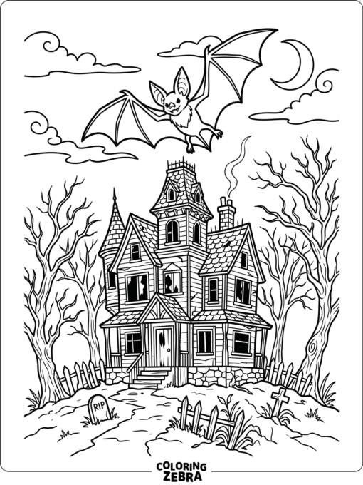 A spooky bat flying above a haunted house